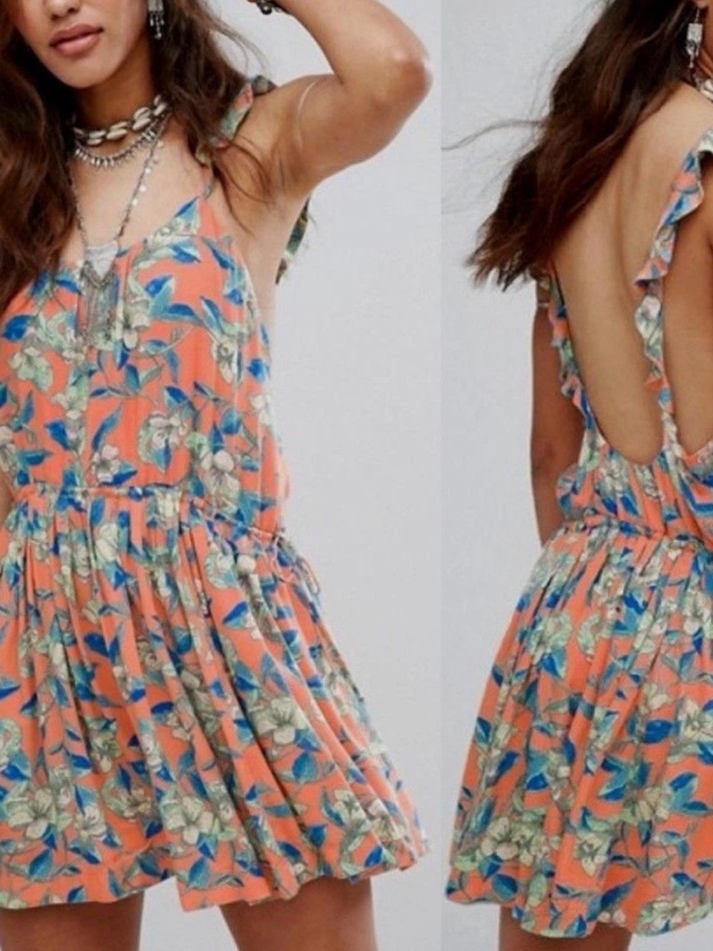 Free People | Women’s Orange/Blue Floral Dear You Sleeveless Mini Sundress Sz L
